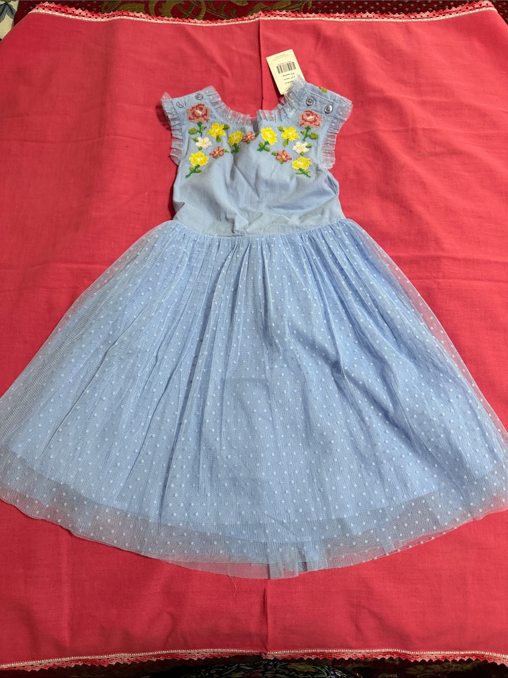Mini Boden Light Blue Floral Embroidered Tulle Dress. Size 4-5. NWT